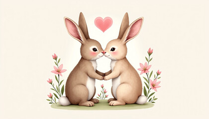 Fototapeta premium Two cute rabbits holding hands with flowers and heart