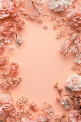 Multicolored floral border on a soft pastel peach background, perfect for elegant greeting card designs. Flat lay with copy space.