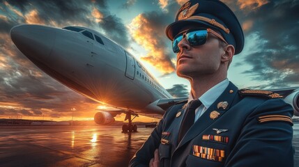 Pilot in Sunglasses Standing Proud Before an Airplane at Sunset