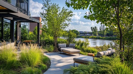 Relaxing riverfront patio with soft seating, surrounding greenery, and a calming space to unwind and enjoy nature.