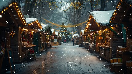 Obraz premium Snowy Christmas Market with Wooden Stalls and Lights