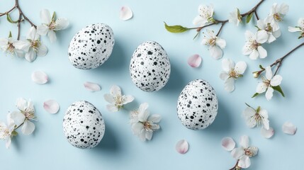 Fototapeta premium Frame with white and blue speckled easter eggs and cherry blossoms on light blue background. Happy Easter concept. Simple spring template, greeting card, banner. Top view, flat lay with copy space