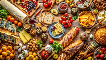 Fototapeta premium Aerial View of Delicatessen Shop, Gourmet Food Selection, Overhead Shot of Market Stalls