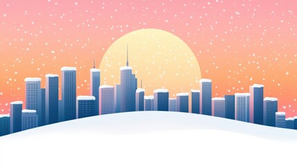 Fototapeta premium Winter cityscape illustration featuring tall skyscrapers blanketed in snow with a vibrant sunset background showcasing pastel colors and falling snowflakes.