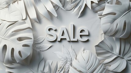 Elegant sale announcement surrounded by tropical leaves