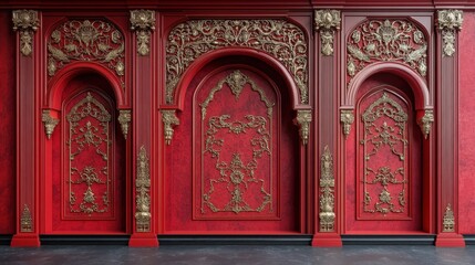 A muted red backdrop with decorative gold accents arranged symmetrically and a clean middle section 
