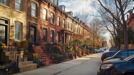 Fototapeta premium Revitalized urban district with a series of row houses, emphasizing modern design and the resurgence of city living.