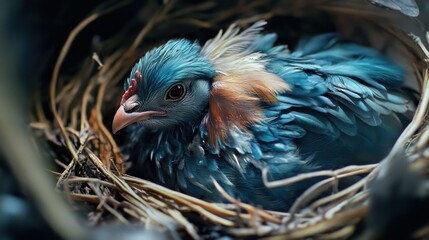 Fototapeta premium blue Eggs in the chicken nest - Close-Up
