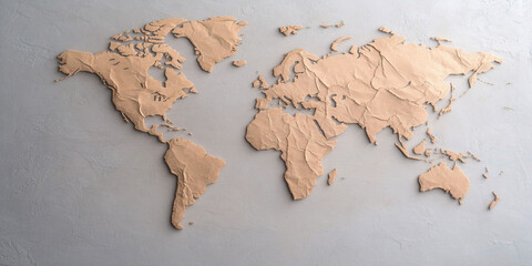 Textured world map crafted from clay.