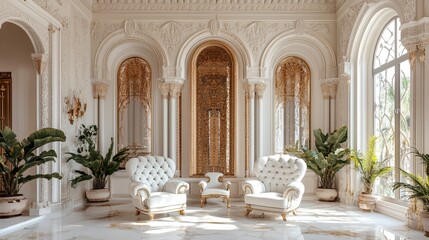 A refined living room with luxurious furniture and neutral tones, perfect for showcasing classic and premium interior designs.
