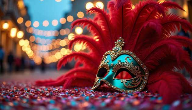 Enchanting carnival mask with feathers on the street, colorful confetti, festive atmosphere for Mardi Gras, Venice