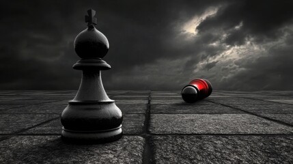 Black Pawn Facing a Red Piece Under a Stormy Sky