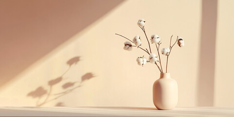 Elegant beige vase with cotton stems casting soft shadows on neutral wall