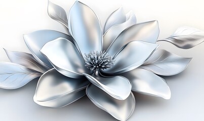 Fototapeta premium Silver metallic magnolia flower with leaves on white.