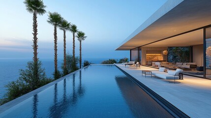 Fototapeta premium Modern villa with infinity pool overlooking ocean at sunset. Palm trees frame a twilight seascape