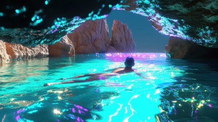 A mesmerizing swim in a vibrant underwater cave.  A tranquil escape in a fantasy landscape.