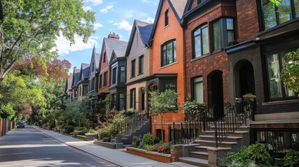 Naklejka premium Row of stylish urban homes in a newly developed renewal area, featuring sleek designs and a revitalized neighborhood ambiance.