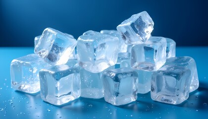 Stack of ice cubes with water droplets on blue background.