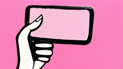 Hand Holding Phone - Vibrant Pink Illustration