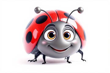 Obraz premium Smiling ladybug with red shell andspots, cartoon style, on white background. Concept of friendly insects, nature, and fun characters. Ai generative