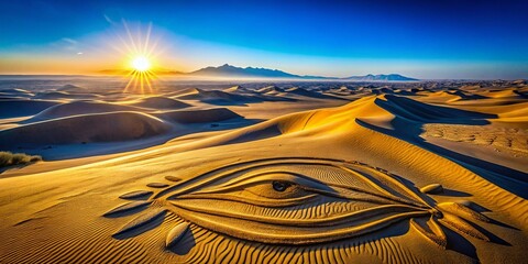 Naklejka premium Aerial View of Egyptian Eye Symbol in Desert Sand, Ancient Symbol, Overhead Shot