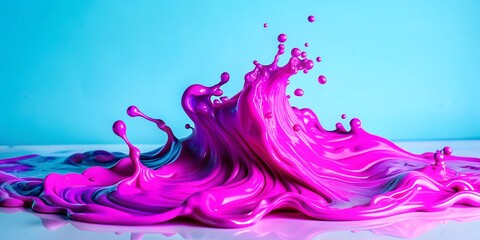 Fototapeta premium Dynamic splash of vibrant magenta paint captured mid-motion against a cyan background. The fluid texture and glossy droplets create a striking visual impact.