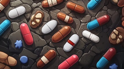 Colorful Pills Scattered on a Stone Surface
