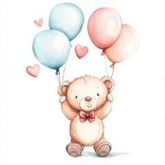 Cute Teddy Bear Holding Heart Balloons in Pastel Color for Valentine's Day, clipart