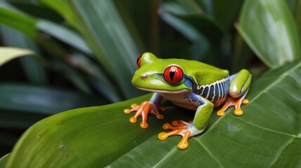Naklejka premium A colorful tree frog sits on a green leaf. A close-up shot of the vibrant red-eyed tree frog perched on an exotic plant leaf, showcasing its vivid green body and striking red eyes.