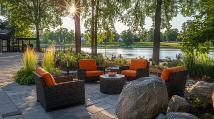 Scenic riverfront patio offering plush seating, vibrant plants, and a peaceful outdoor setting for relaxation.