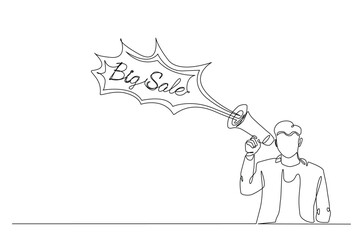 Woman says big sale with megaphone in continuous one line drawing. Single line art illustration of big sale, discount, shopping concept. Editable vector.