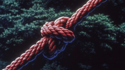 Intricate Red Rope Knot in a Forest Scene