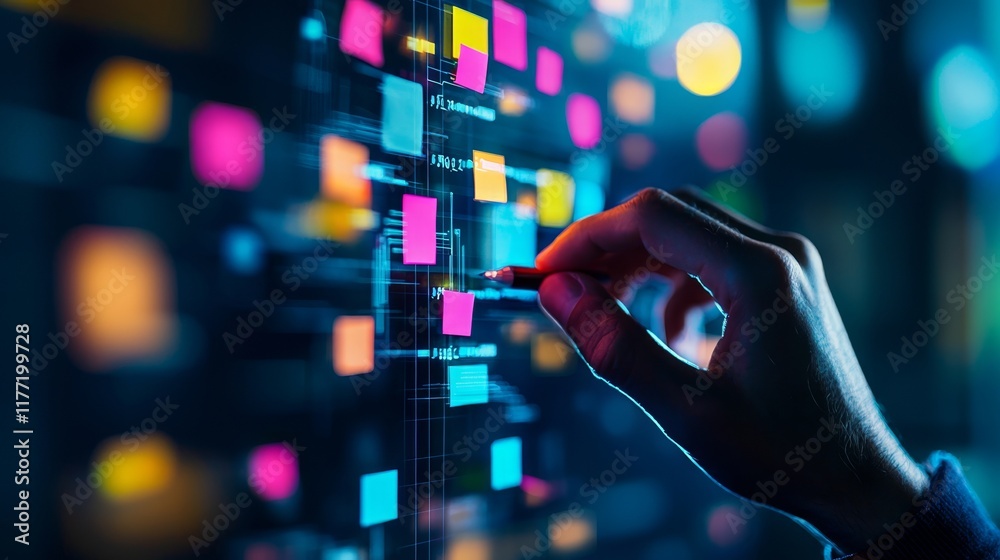 Poster a hand interacts with colorful digital nodes on a screen, representing data visualization or digital