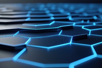 Fototapeta premium Glowing blue hexagons surface with digital particles background