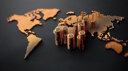 Economic trends of gold coins stacked over world map analysis