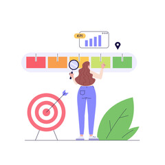 KPI illustration. Key Performance Indicator concept. Businessman measuring business result. Quality analysis and control. KPI measurement to evaluate success. Vector flat cartoon design