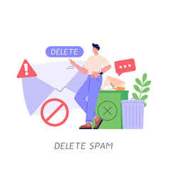 Spam message illustration. User receiving spam email and using anti-spam protection. Concept of spam software spreading, ad blocking, phishing attack, noise advertising. Vector flat cartoon design