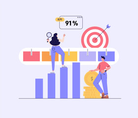 KPI illustration. Key Performance Indicator concept. Businessman measuring business result. Quality analysis and control. KPI measurement to evaluate success. Vector flat cartoon design