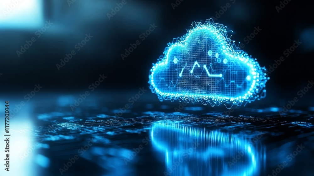 Poster a glowing digital cloud icon symbolizes cloud computing, with abstract data patterns suggesting conn