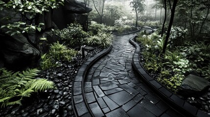 Serene Garden Pathway in Misty Weather