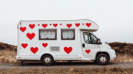 Motorhome exterior featuring heart decals and red bunting, creating a charming Valentine getaway vibe