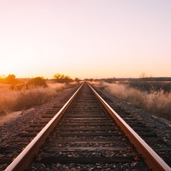 Obraz premium A long shot of railroad tracks extending to the horizon at sunset. Dry grass flanks the tracks. The warm sunset colors dominate the scene. A sense of journey and hope is evoked.