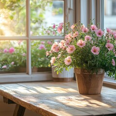 Fototapeta premium A rustic wooden table with flowers in a bright, inviting space, symbolizing coziness and natural aesthetics.