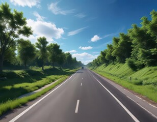 Fototapeta premium Empty highway winds through lush green park, brilliant blue sky overhead , perspective, road