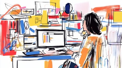 Colorful Abstract Woman Working at Computer