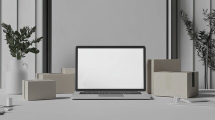 Online ecommerce store mockup, dropshipping business website concept. Table with laptop computer mock up blank white screen, shipping boxes, retail marketplace, warehouse delivery background, banner.