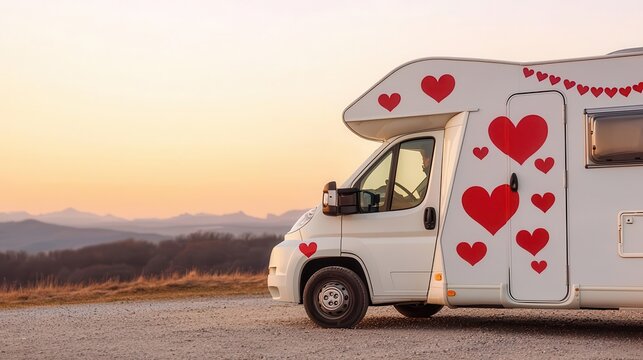 Motorhome exterior featuring heart decals and red bunting, creating a charming Valentine getaway vibe