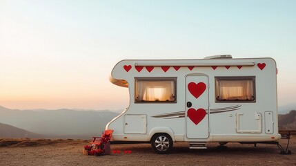 Motorhome exterior featuring heart decals and red bunting, creating a charming Valentine getaway vibe
