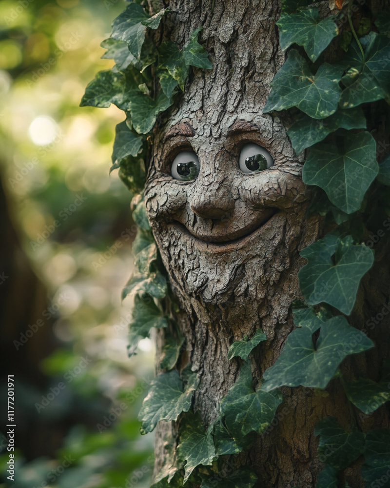 Poster Whimsical tree face with smiling expression and ivy leaves in forest light