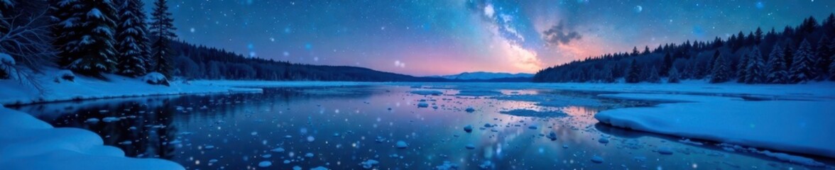 Obraz premium Frozen pond under starry night sky with scattered glitter, ice, night